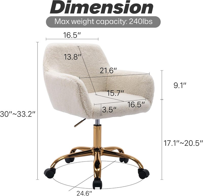 KCC Faux Fur Office Desk Chair, Comfy Swivel Armchair with Wheels, Upholstered Fuzzy Vanity Chair, Adjustable Height, White - Image 3